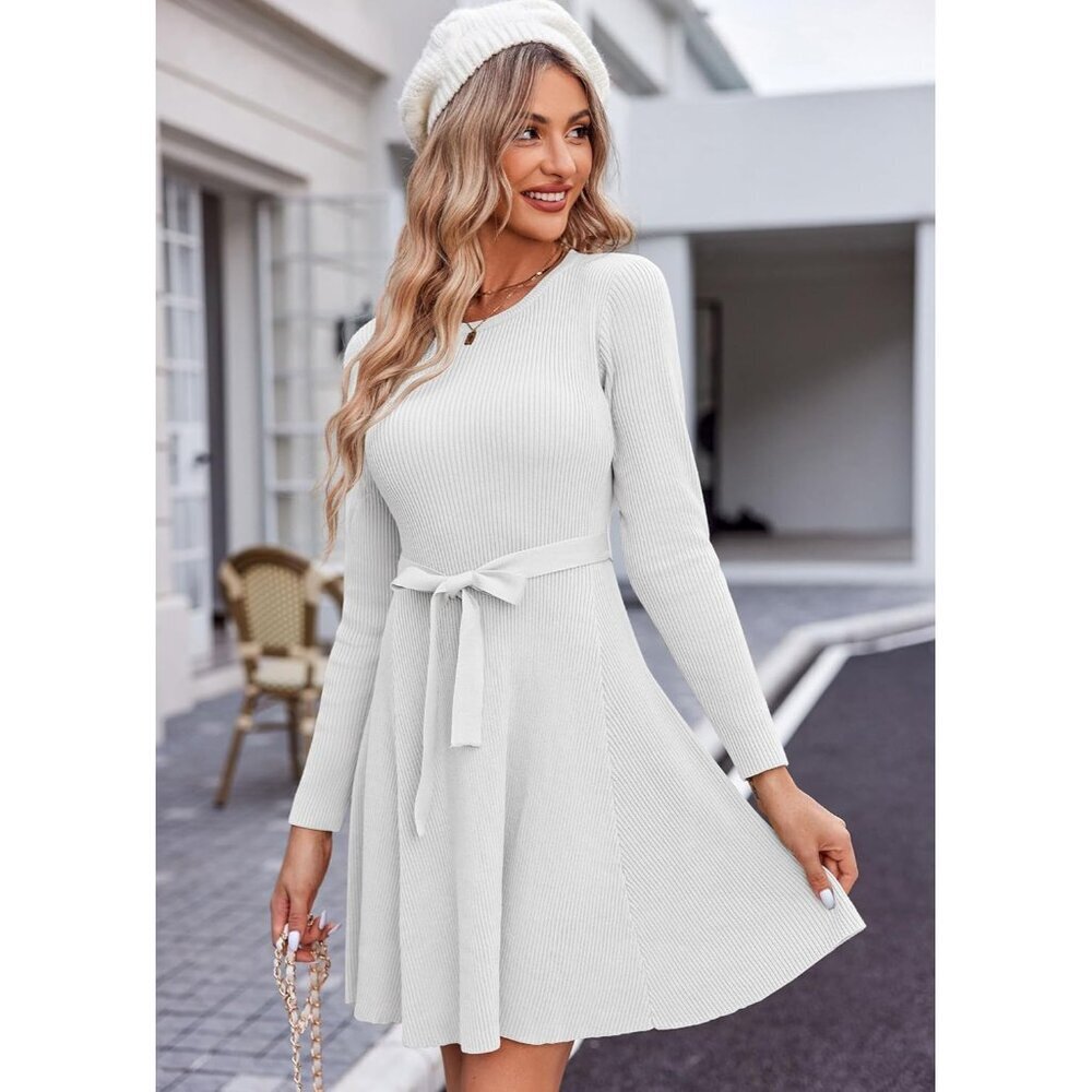 Women's Ribbed Knit Sweater Dress with Belt Long Sleeve Fall Casual - Picture 2 of 6